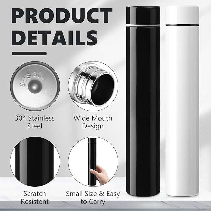 Vesici Slim Water Bottle 8.8 oz Small Stainless Steel Purse Compact Insulated Water Bottles Camping Travel Backpack Pocket Flask for Car Cold Coffee Tea(Black, White,2 Pack)