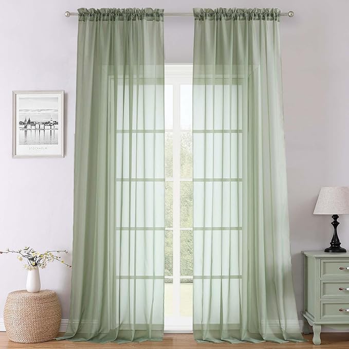 Sage Green Sheer Curtains 120 Inches Long 2 Panels, Extra Wide Farmhouse Airy by Lecloud