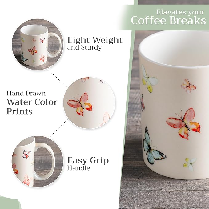 Maison d' Hermine Coffee Mug with Handles Fine Bone China Mugs Pack of Two Tea Cups for Hot Beverages Cappuccino Latte Home Restaurant Office Perfect for Gift (Botanical Fresh, 15 Ounce)