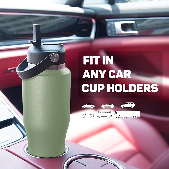 Insulated Water Bottle 32oz with Straw/Spout Lids, Stainless Steel Water Bottles Keep Cold 24h&Hot 12h, Metal Water Bottle with Straw that Fits in Cup Holder, Water Bottle Leak-proof,BPA Free