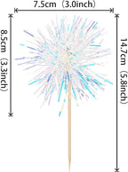 30 PCS Foil Firework Cupcake Toppers Happy Birthday Cupcake Toppers Sparkle Tinsel Flower Drink Stirrers Cocktail Fruit Toothpicks for Valentine's Day Baby Shower Party Cake Decor Supplies White