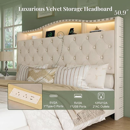 Belffin Queen Size Bed Frame and Headboard, 50.9" Velvet Upholstered Wingback - Image 3