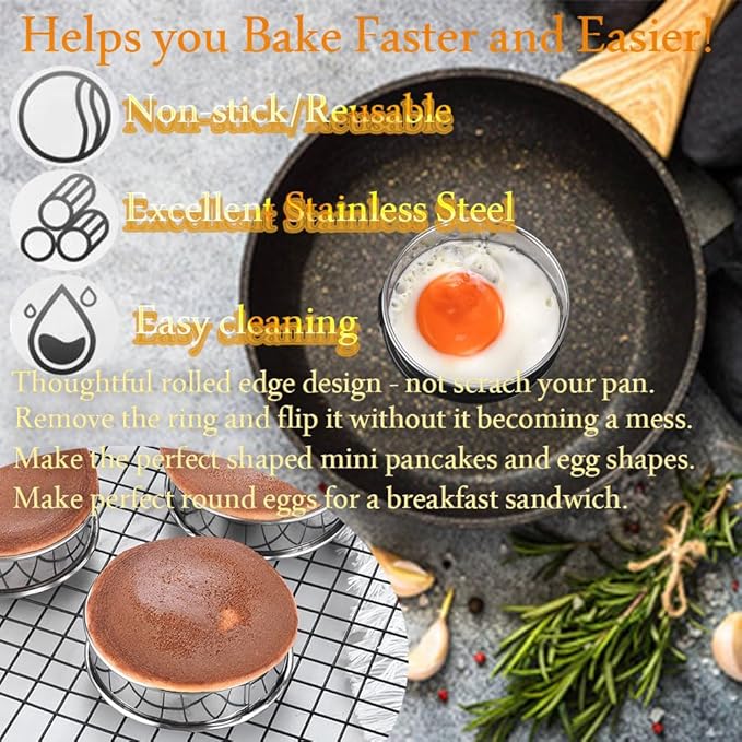 8-Pieces English Muffin Rings 4 Inch Crumpet Rings Stainless Steel Double Rolled Nonstick Metal Round Tart Ring Molds for Cookie Cooking Baking