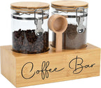 Glass Coffee Canister Set with Bamboo Shelf & Spoon - 2 Airtight Containers (47oz Each) for Coffee Beans, Ground Coffee, Sugar, Flour - Borosilicate Glass & Bamboo Lid with Silicone Seal