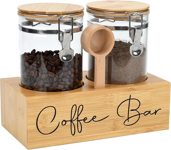 Glass Coffee Canister Set with Bamboo Shelf & Spoon - 2 Airtight Containers (47oz Each) for Coffee Beans, Ground Coffee, Sugar, Flour - Borosilicate Glass & Bamboo Lid with Silicone Seal