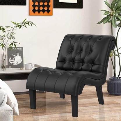 Black Faux Leather Accent Chair Modern Button Tufted Upholstered Armless Chair - Image 5