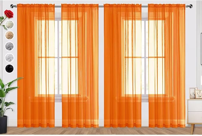 SpaceDresser Orange Sheer Curtains 4 Panels Rod Pocket Semi-Sheer Curtain 84 by SpaceDresser