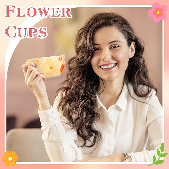 Ceramic Coffee Mug Set of 2 Vintage Flower Mugs 8 oz Cute Floral Coffee Mugs Irregular Latte Art Cup Lead-free Porcelain Cups for Cappuccino, Cocoa (2 Orange Flower)