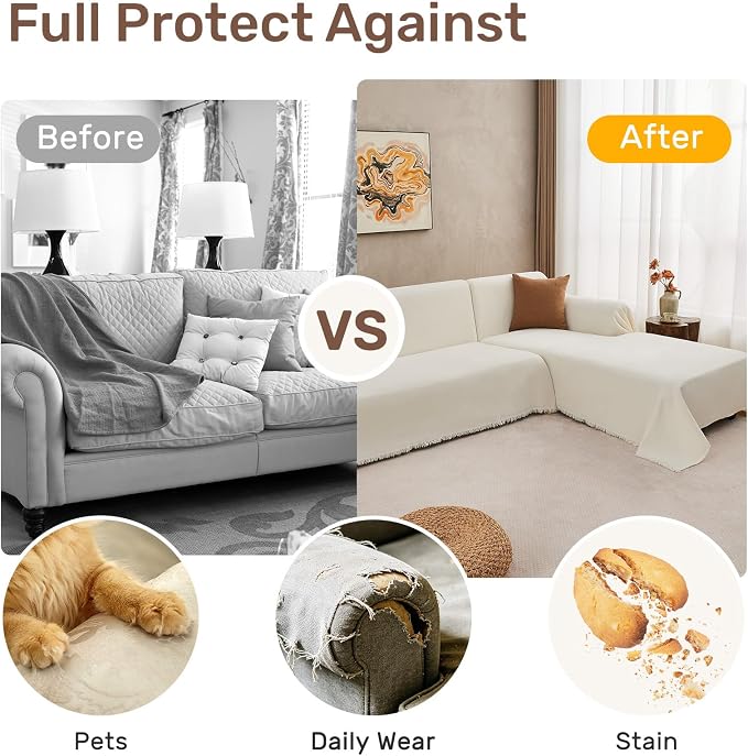 2 Pieces Sectional Couch Covers L Shaped Cover XXL Cream White | Thick Washable - Image 4