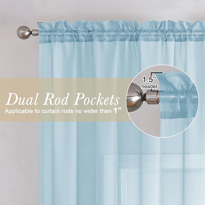 Sky Blue Sheer Curtains for Bedroom 54 Inch Length 2 Panels, Durable & Soft - Image 2