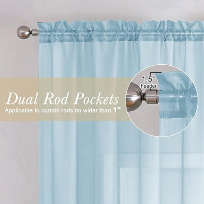 Sky Blue Sheer Curtains 72 Inches Length 2 Panels, Lightweight Dual Rod Pockets - Image 2