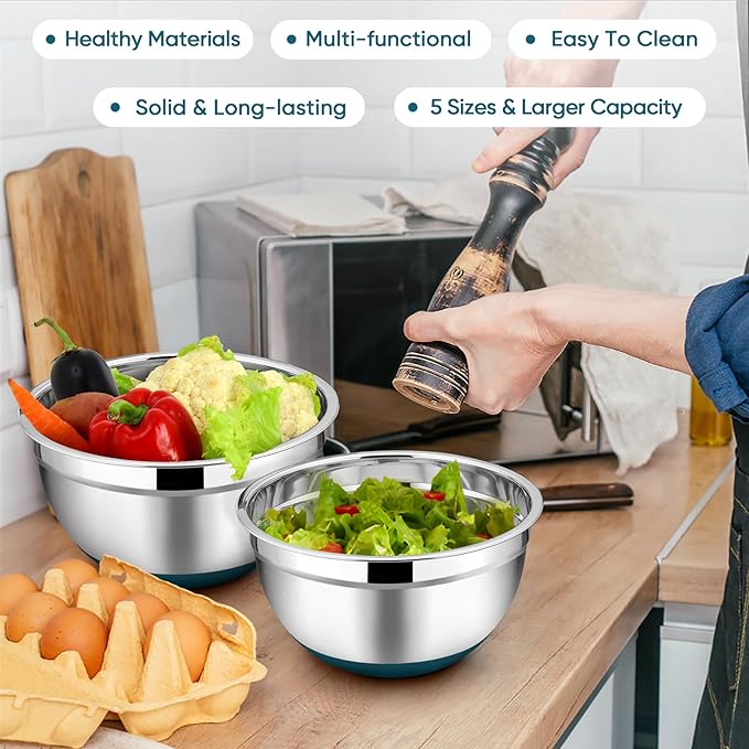 TeamFar Mixing Bowls with Lids Set, 7/3.5/2.5/1.5/1 QT, Stainless Steel Large Metal Nesting Salad Bowl Set of 5, Healthy & Sturdy, Non-slip Bottom & Airtight Lid-Blue