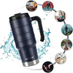 HAUSHOF 24 oz Travel Mug, Stainless Double Wall Vacuum Insulated Tumbler with Handle & Spill Proof Twist On Flip Lid and Wide Mouth, BPA Free (Navy Blue)