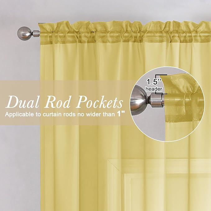 Yellow Sheer Curtains 63 Inch Length 2 Panels, Light Filtering Voile Curtain - Image 2