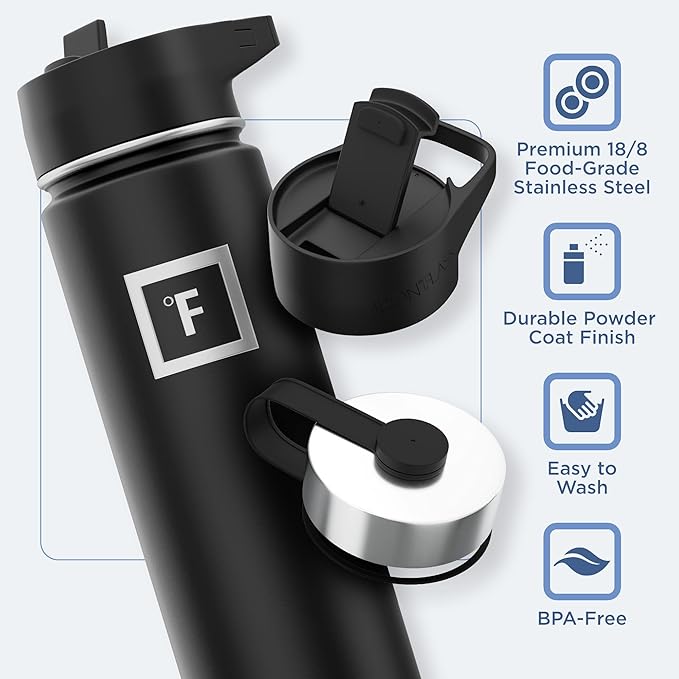 IRON °FLASK Camping & Hiking Hydration Flask with 3 Lids - Stainless Steel, Double Walled & Vacuum Insulated Water Bottle - Leak Proof & BPA Free (Burgundy, Straw - 22 oz)