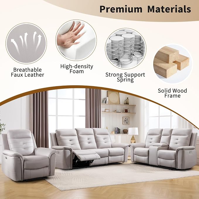 ANJ Power Oversized Reclining Sofa Couch, Breathable Faux Leather 3-Seater - Image 7