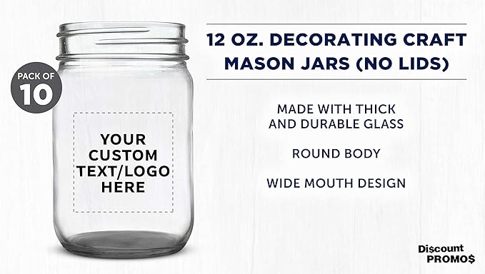 DISCOUNT PROMOS Custom Decorating Mason Jars 12 oz. Set of 10, Personalized Bulk Pack - Glass Jars for Overnight Oats, Candies, Fruits, Pickles, Spices, Beverages - Black