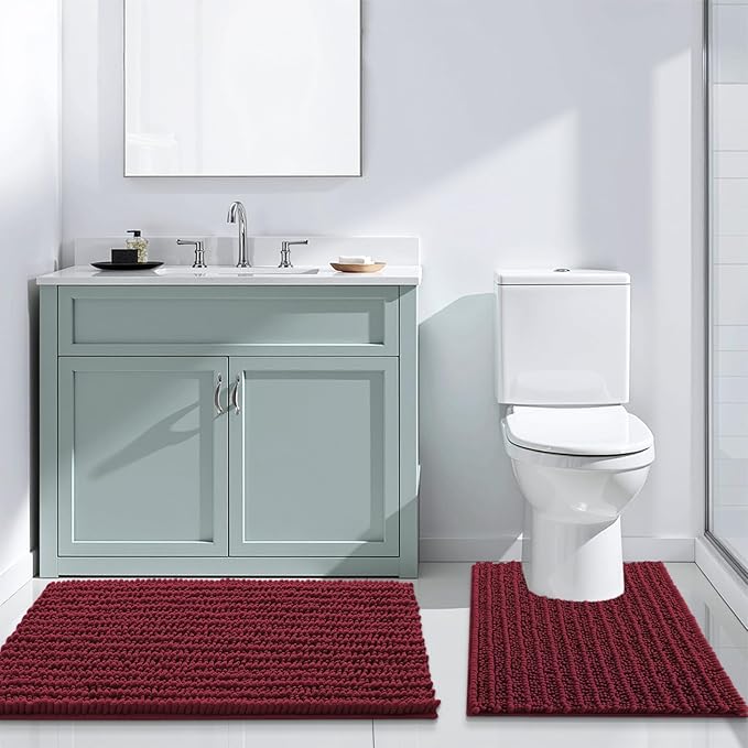 Arotive Luxury Chenille Bathroom Rug Mat, Extra Soft Thick Absorbent Shaggy Bath Rugs, Non-Slip Machine Wash Dry, Plush Bath Mats for Bathroom, Shower and Tub, 59x35, Burgundy