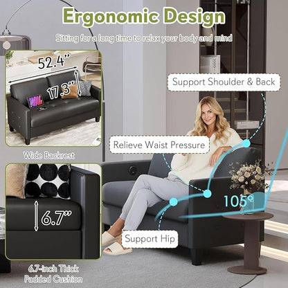 STHOUYN 59” Black Faux Leather Sofa Couch, Modern Comfy Office 2 Seater Couch - Image 5