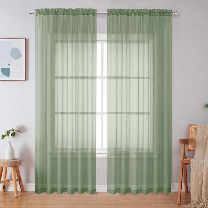Simplebrand Sage Green Sheer Curtains 84 Inches Long, Light Filtering Rod by Simplebrand