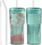 Glass Coffee Cups with Lids and Straws, 20 OZ Green Iced Water Glasses Tumblers for Ice Juice, Tea, Milk, Smoothie and Cold or Hot Drinks, Set of 2