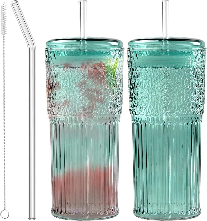 Glass Coffee Cups with Lids and Straws, 20 OZ Green Iced Water Glasses Tumblers for Ice Juice, Tea, Milk, Smoothie and Cold or Hot Drinks, Set of 2