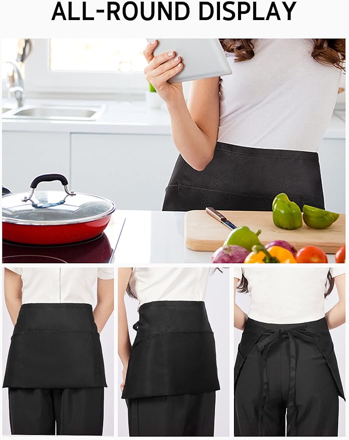 Syntus 3 Pack Server Aprons with 3 Pockets, 100% Cotton Waitress Waiter Waist Apron, 11.5-inch Black