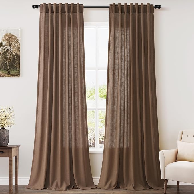 Caramel Brown Linen Curtains for Living Room 105 Inches Long Back Tab Light by Nanspring