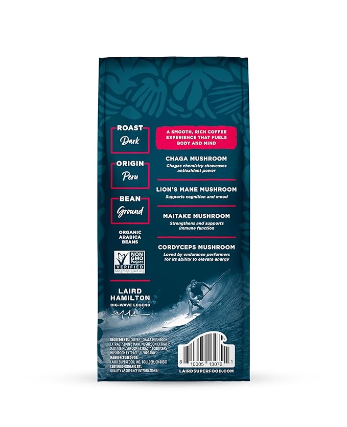 Laird Superfood Peruvian Dark Roast Coffee with Functional Mushrooms, Certified Organic Peruvian Ground Coffee Beans, Gluten-Free, Dairy-Free, Non-GMO, Paleo, Keto Friendly, 12 oz. Bag