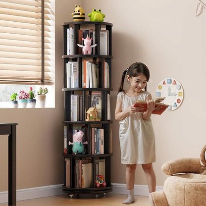 Muwuele Solid Wood Rotating Bookshelf on Wheels, 5 Tier, Round Revolving - Image 3