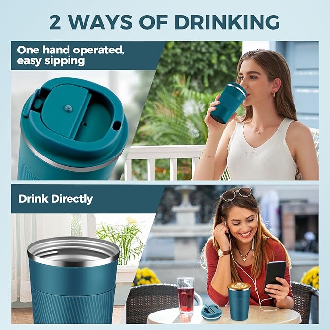 Volhoply 13 oz Stainless Steel Insulated Travel Coffee Mug with Fip Lid Bulk 8 Pack,Reusable Double Wall Vacuum Metal Coffee Cup,Portable Leak Proof Thermal Tumbler for Hot & Cold Drinks(Bule,8)
