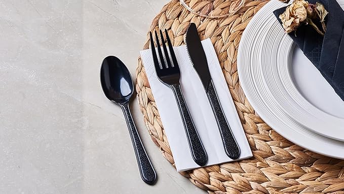 [300 Combo Box] Black Plastic Forks Spoons Knives Heavyweight Utensils Disposable Silverware Heavy Duty Cutlery Set