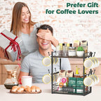 EsLuker.ly Coffee Mug Cup Holder Stand Bar Station Organizer for Countertop, Multi-Functional 2 Tier Mug Tree Rack for Kitchen, Storage Shelf with 12 Hooks, Brown-Black(Patented Design)