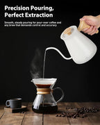 Harriet Gooseneck Electric Kettle - 1200W Fast Heat, 0.8L Stainless Steel, Precision Temp Control & Timer, Wood Handle, Pour Over Coffee and Tea, White