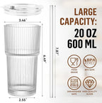 20 oz Glass Cup with Lid and Straw, Glass Tumbler with Straw and Lid, Vintage Glassware for Whiskey Cocktail Beer, Iced Coffee Cups with Lid (3 PACK)