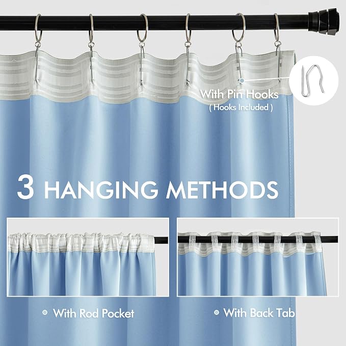 MIULEE Sky Blue Back Tab Blackout Curtains 52x120 Inch Long 2 Panels Set | Rod - Image 3