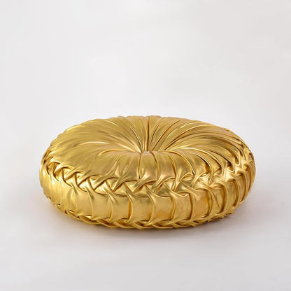 HIG Set of 2 Gold Metallic Leather Decorative Round Pleated Throw Pillows | - Image 6