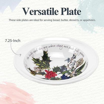 Portmeirion Holly and Ivy 7.25" Bread & Butter Plate (Set of 4) - Earthenware Side Plates, Holly Design - Festive Christmas Tableware - Microwave, Oven, Freezer, Dishwasher Safe - Holiday Dishware