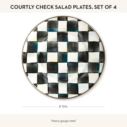 MACKENZIE-CHILDS Enamel Salad and Dessert Plate, Small Plate for a Dessert or Appetizer Dish, 8 Inches, Set of 4, Black-and-White Courtly Check