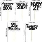 Gyufise 30pcs Vintage 2004 Cupcake Toppers Glitter Twenty-One Happy 21st Cupcake Picks Fabulous Anniversary Party Supplies Black