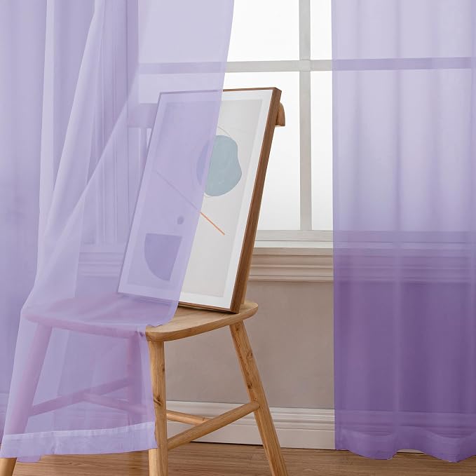 Light Purple Sheer Curtains 54 Inch Length 2 Panels Set, Rod Pocket Voile Sheer - Image 3