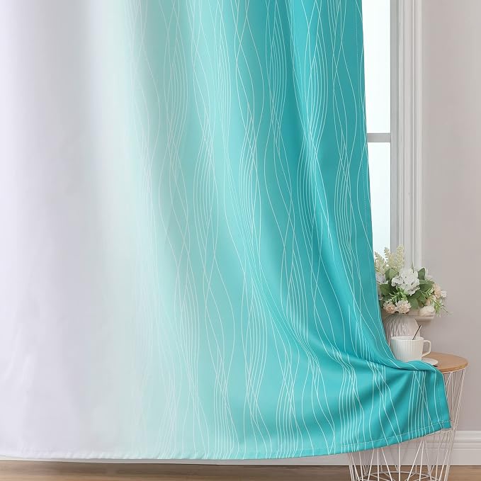 Teal and Grayish White Ombre Blackout Curtains Living Room 108 Inches Long | - Image 6