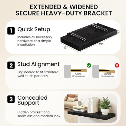 32Inch Black Floating Shelves for Wall, 12 Inch Deep Shelves for Bedroom - Image 6