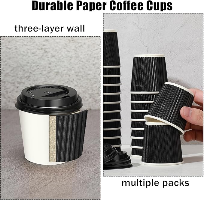 Uiifan 100 Set 4oz Disposable Espresso Cups with Lids Ripple Corrugated Paper Disposable Coffee Insulated Hot Ripple Cups for hot Chocolate, Tea, and Cocoa Drinks(Black)