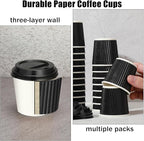 Uiifan 100 Set 4oz Disposable Espresso Cups with Lids Ripple Corrugated Paper Disposable Coffee Insulated Hot Ripple Cups for hot Chocolate, Tea, and Cocoa Drinks(Black)
