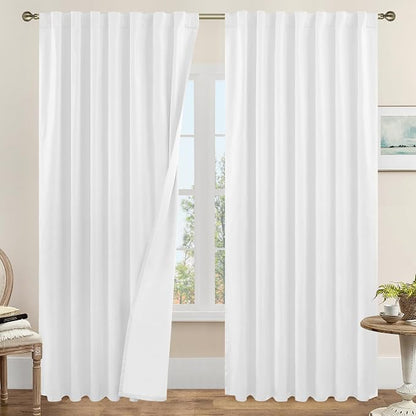 84 Inch White 100% Blackout Linen Curtains by LAMIT