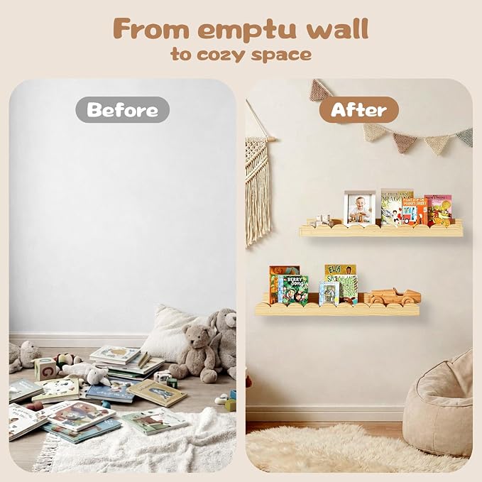 Nursery Floating Shelves for Kids Room, 2 Pack 23.6 Inch Natural Wood Wall - Image 2