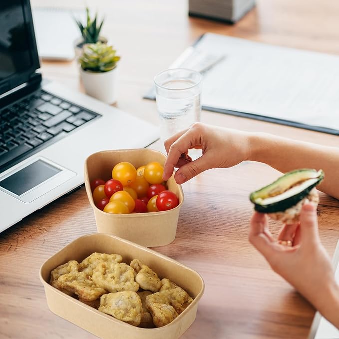 50 Sets 17oz Disposable Kraft Paper Bowls with Lids, Rectangle Paper Food Containers with Lids, Salad Bowls for Hot/Cold Food, Soup, Meal Prep, Ice Cream, Takeout, Party Supplies(500ml)