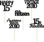 Gyufise 30Pcs Vintage 2010 Cupcake Toppers Glitter Sweet 15 Happy 15th Cupcake Picks Happy 15th Birthday Cake Decorations for Happy 15th Birthday Fabulous Anniversary Party Supplies Black