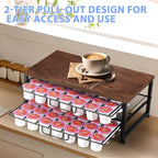 K Cup Holder Organizer for 70 Pods, 2-Tier Coffee Pod Holder for K-Cup with 2 Sliding Storage Drawers, Coffee Station Bar Organizer for Kitchen Countertop, Home & Office, Wooden